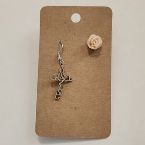 Silver Tone 'Amazing Grace' Cross Dangle Earring - Cream Rose Accent